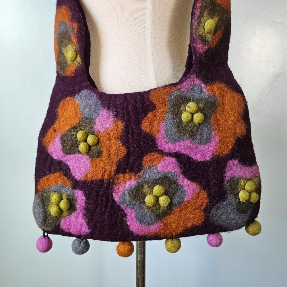 Rising Tide‎ Purple Felted Wool Floral Pom Pom Shoulder Bag Made Nepal Boho Y2K